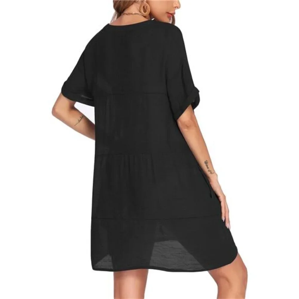 Women's Beach Cover Up Dress V-Neck Short Sleeve A-Line Swimsuit Bikini - Picture 4 of 7